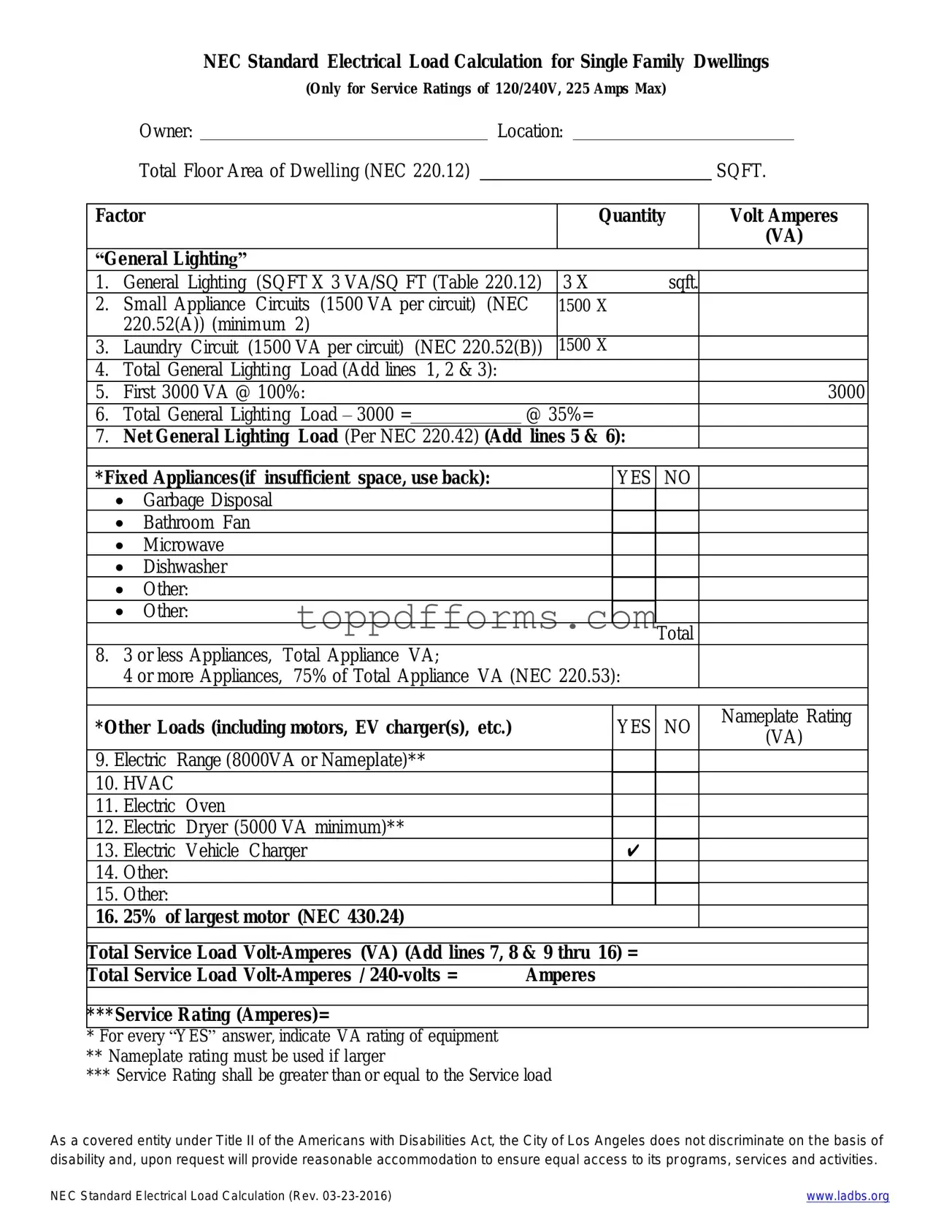 Free LADBS NEC Standard Electrical Load Calculation Form
