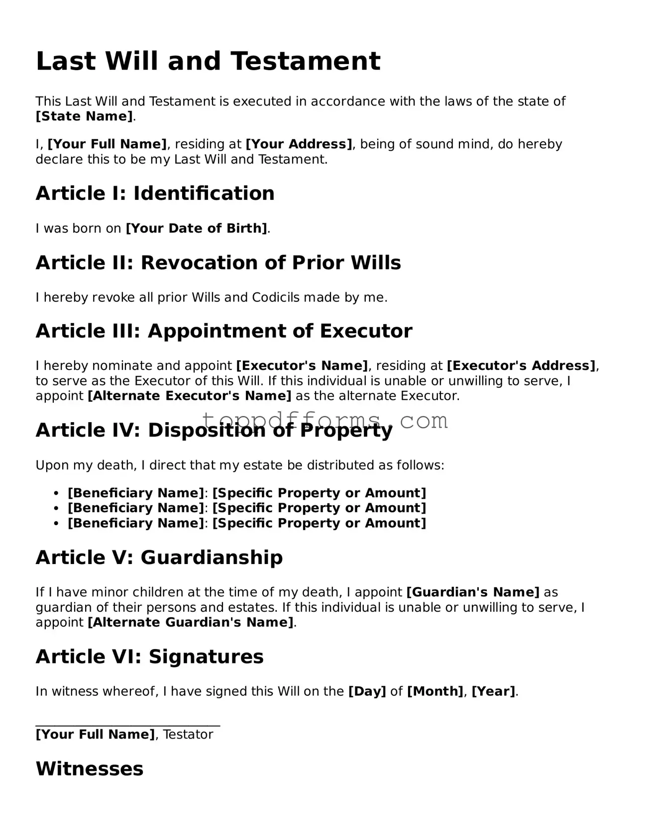 Free Last Will and Testament Template