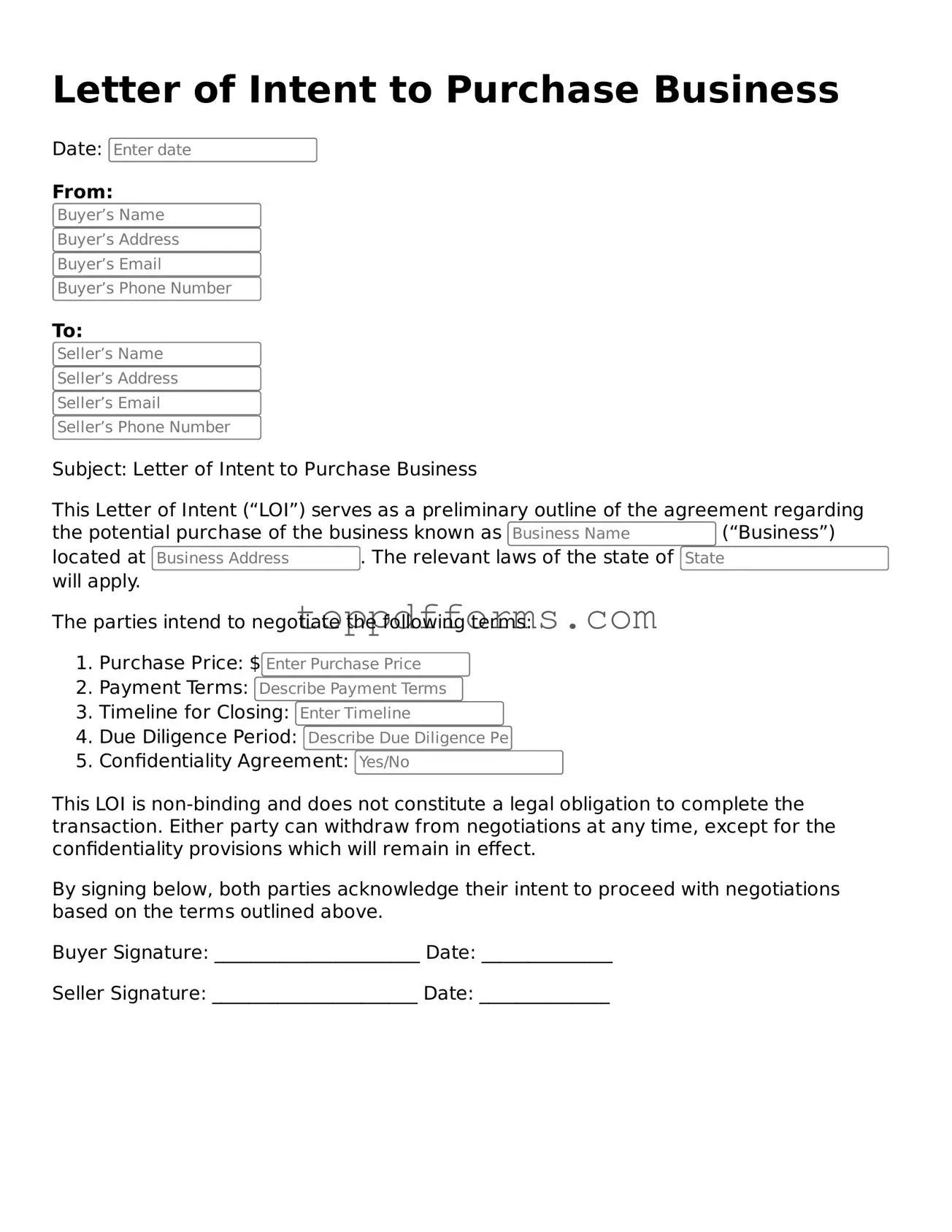 Free Letter of Intent to Purchase Business Template