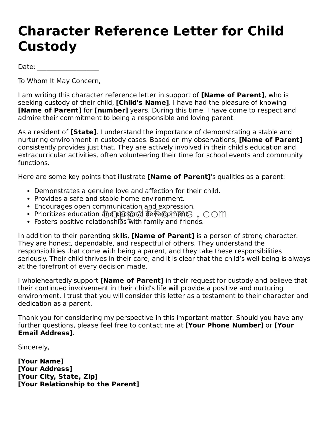 Free Character Reference Letter for Child Custody Template