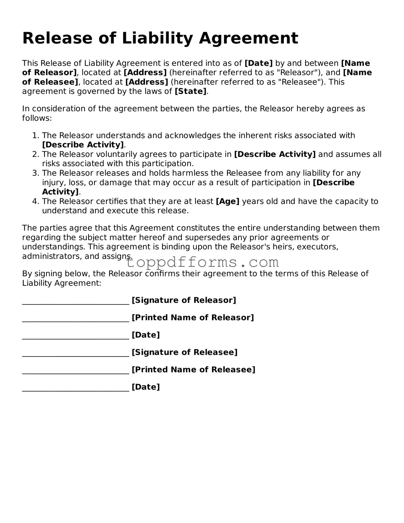 Free Release of Liability Template