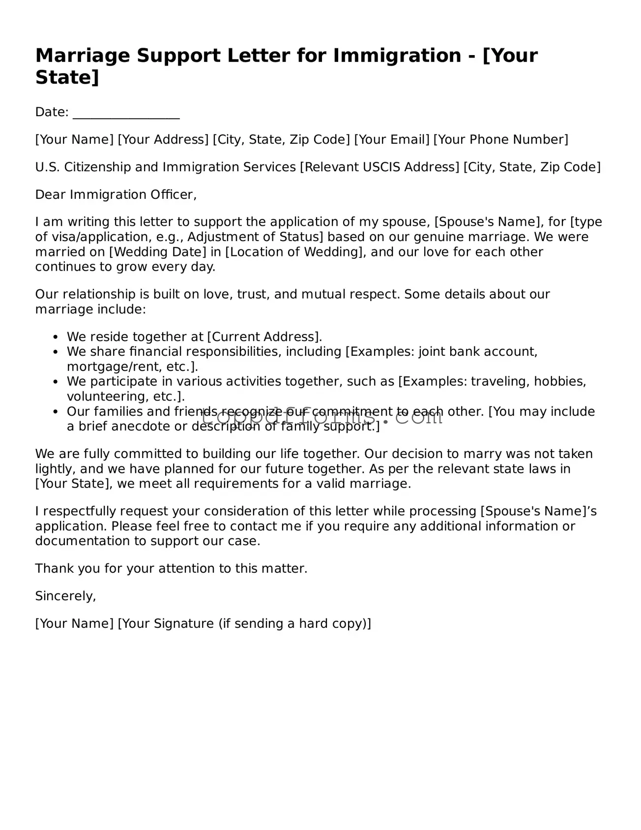 Free Marriage Support Letter for Immigration Template