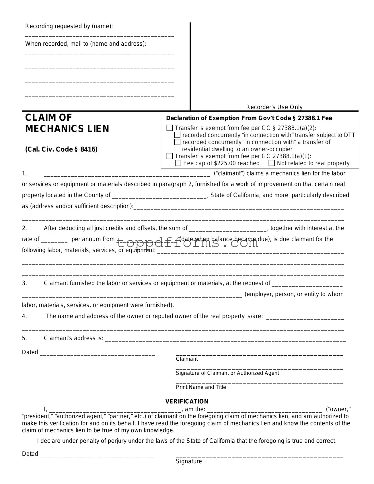 Free Mechanics Lien California Form