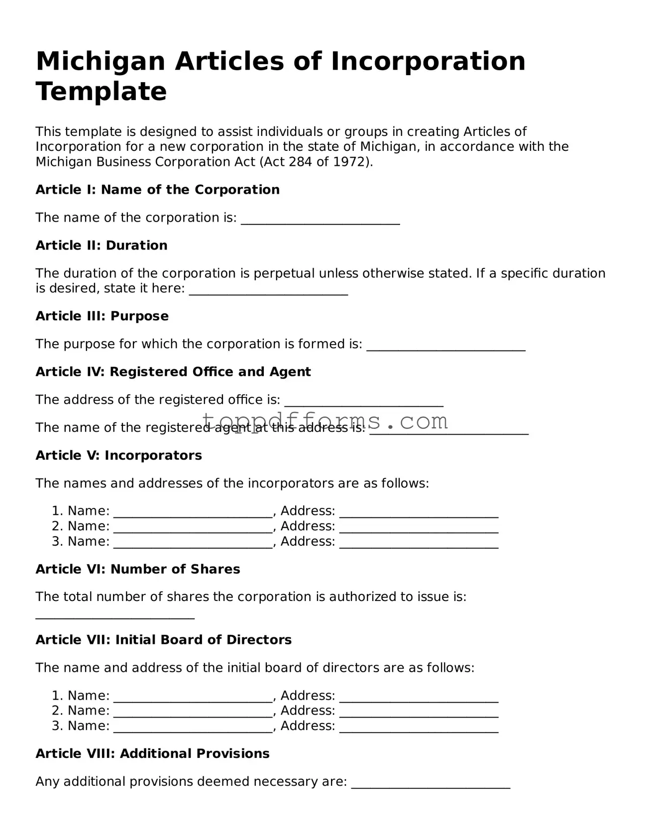 Articles of Incorporation Document for Michigan State