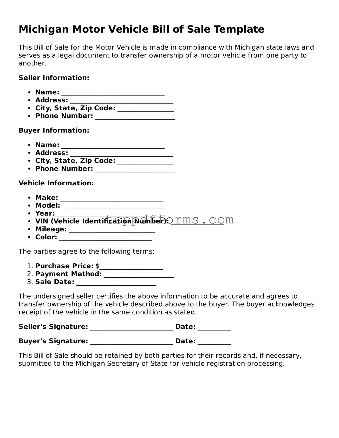 Motor Vehicle Bill of Sale Document for Michigan State