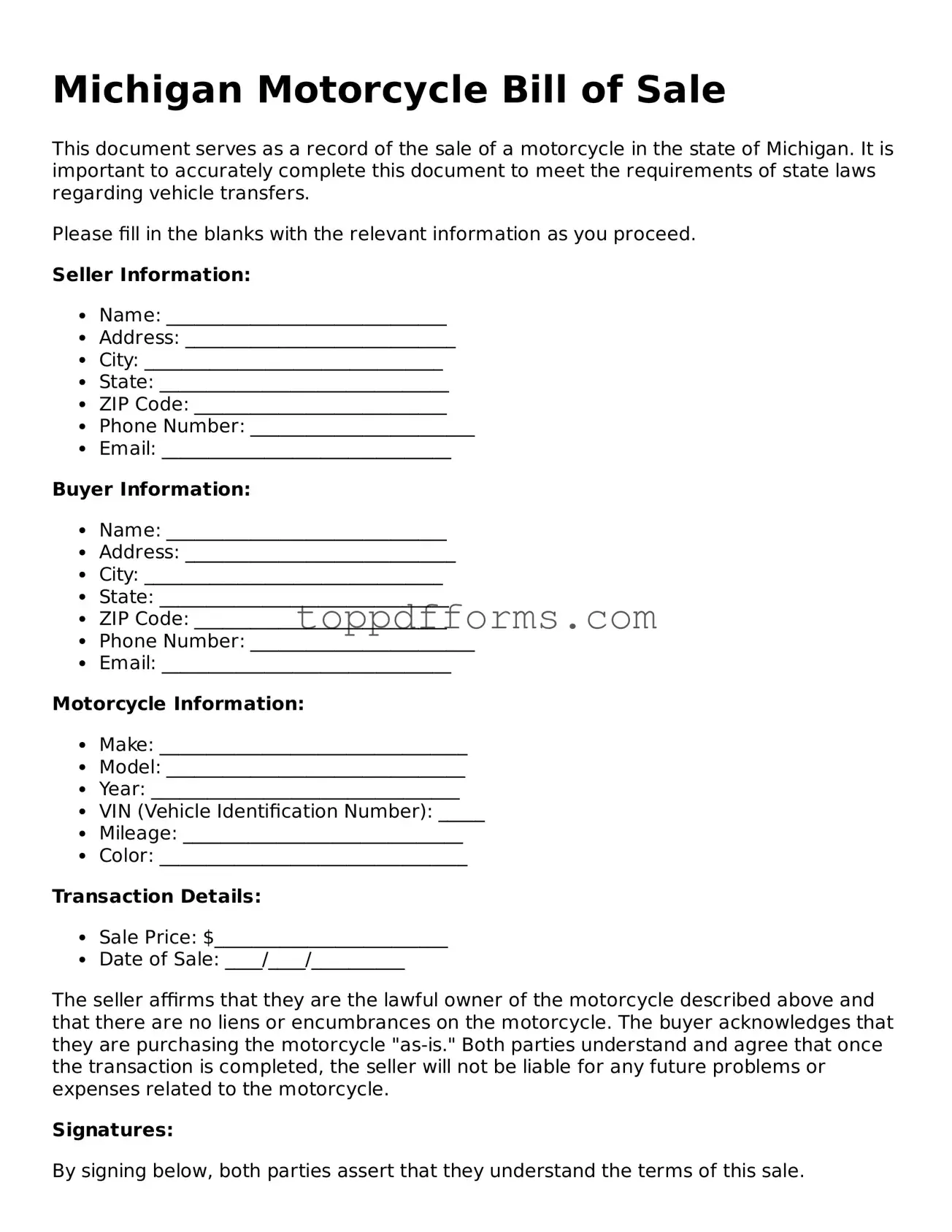 Motorcycle Bill of Sale Document for Michigan State