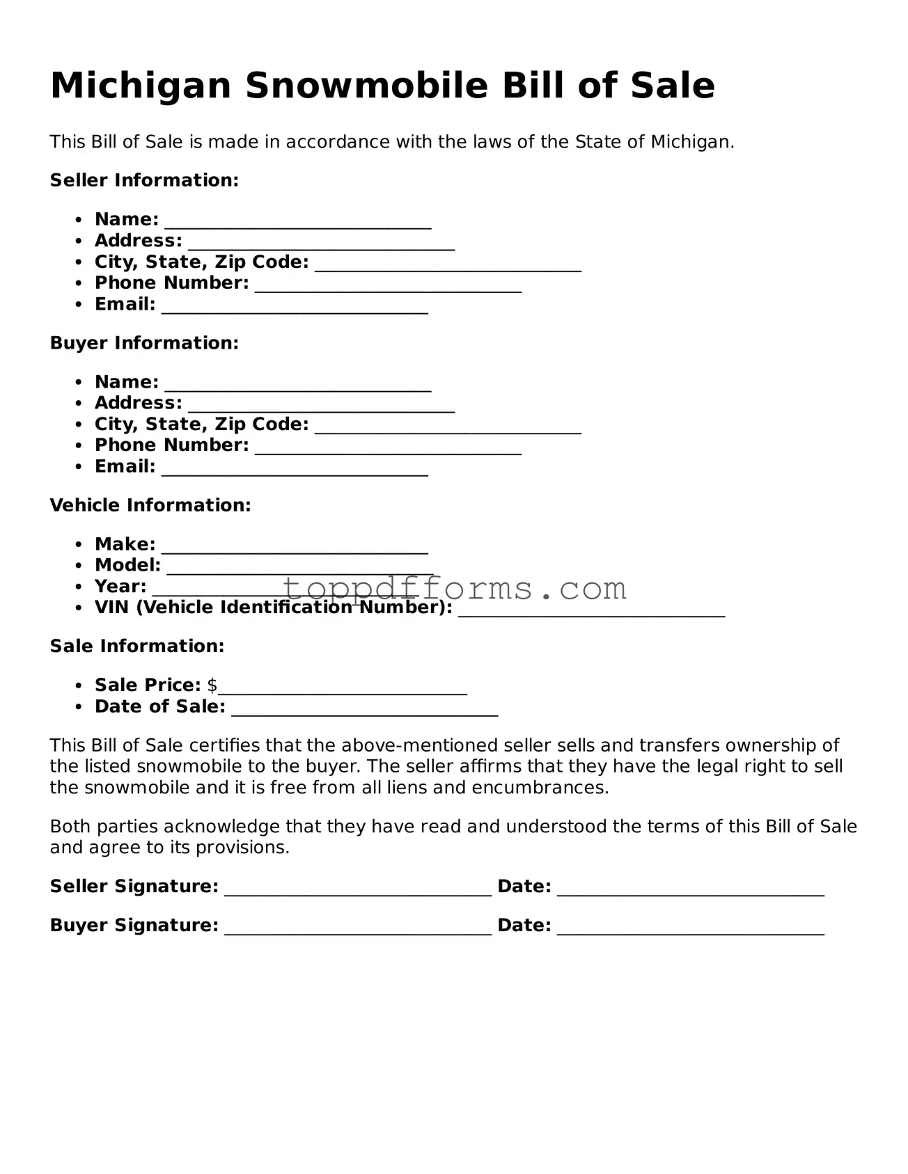 Snowmobile Bill of Sale Document for Michigan State