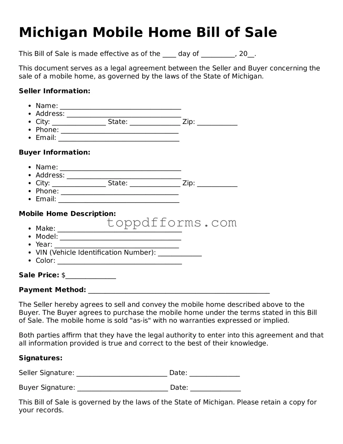 Mobile Home Bill of Sale Document for Michigan State