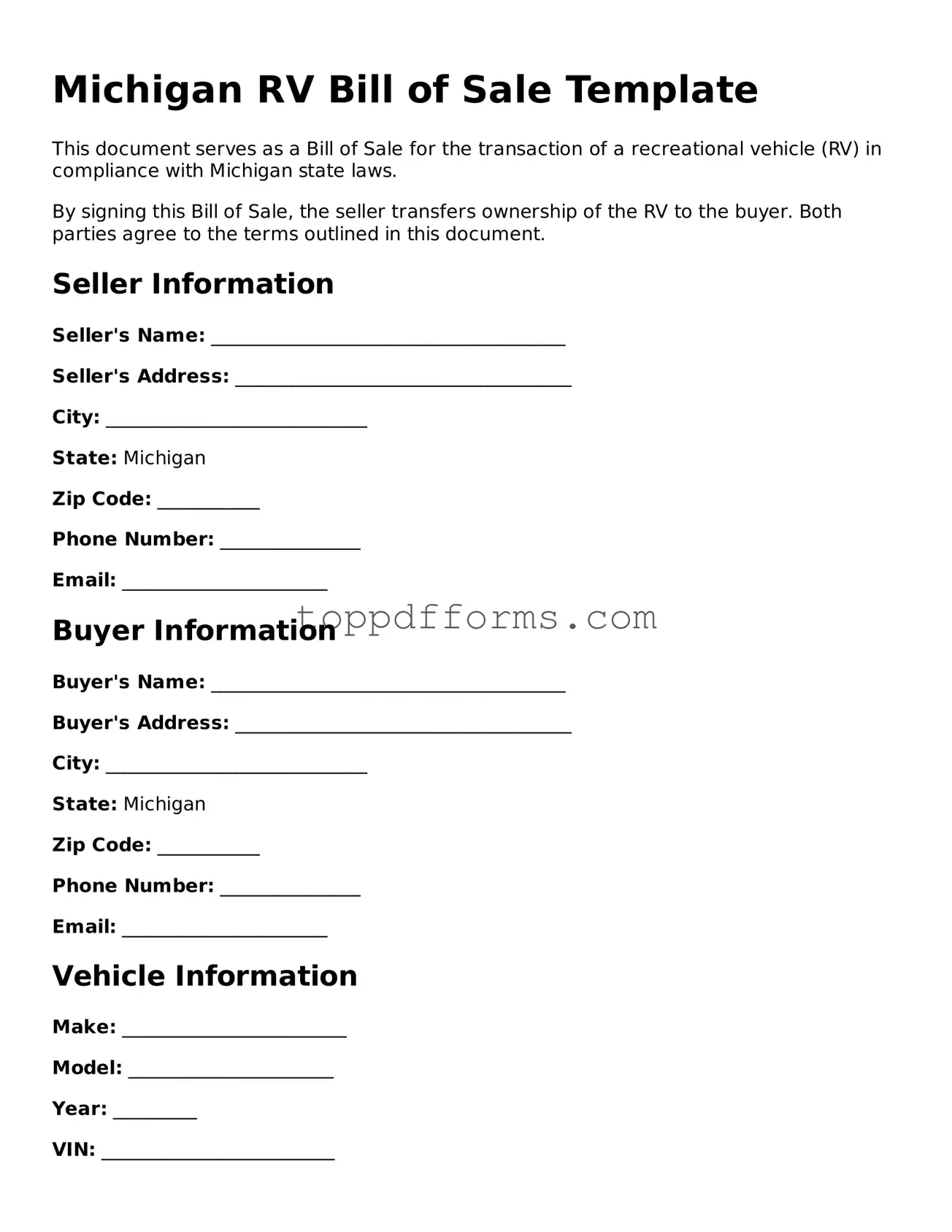 RV Bill of Sale Document for Michigan State