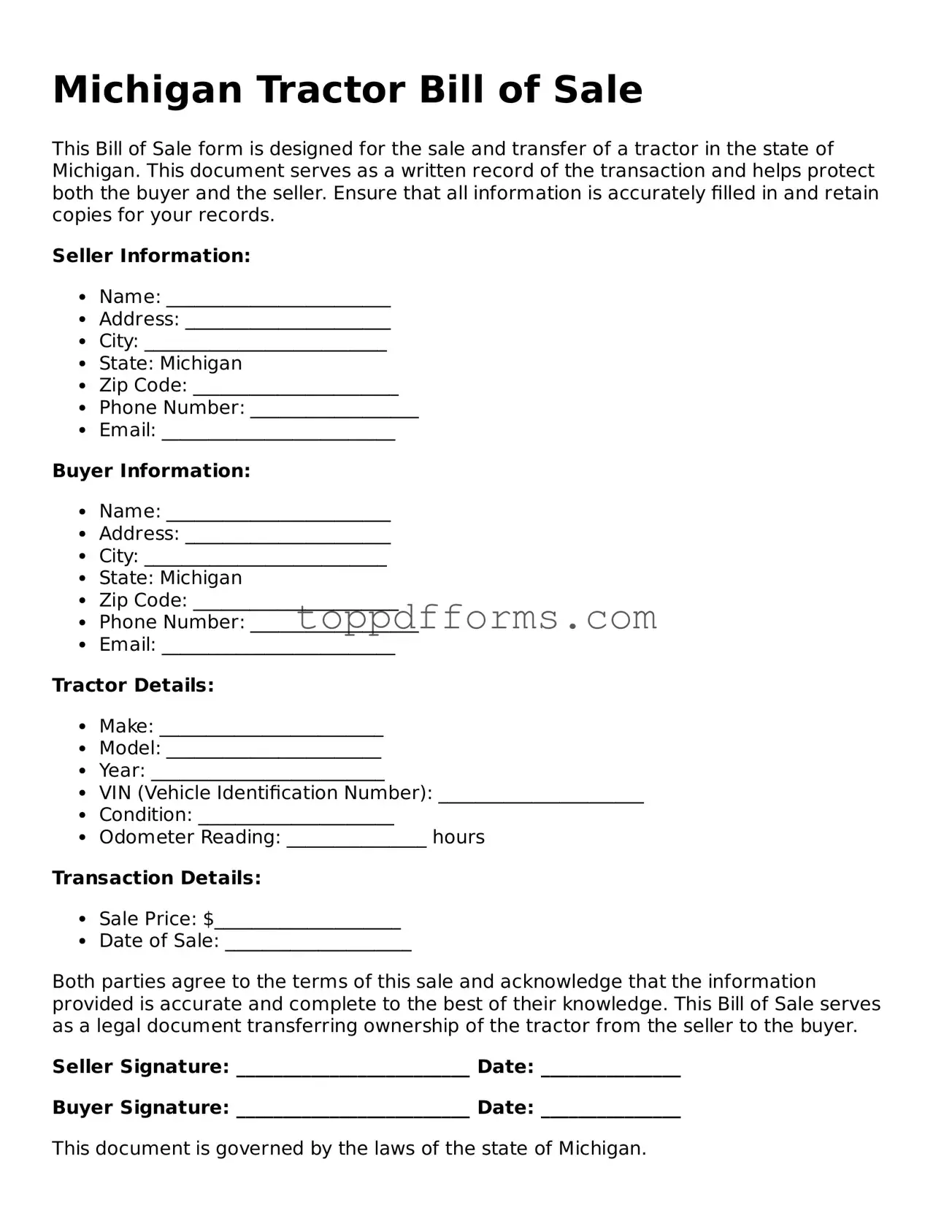 Tractor Bill of Sale Document for Michigan State