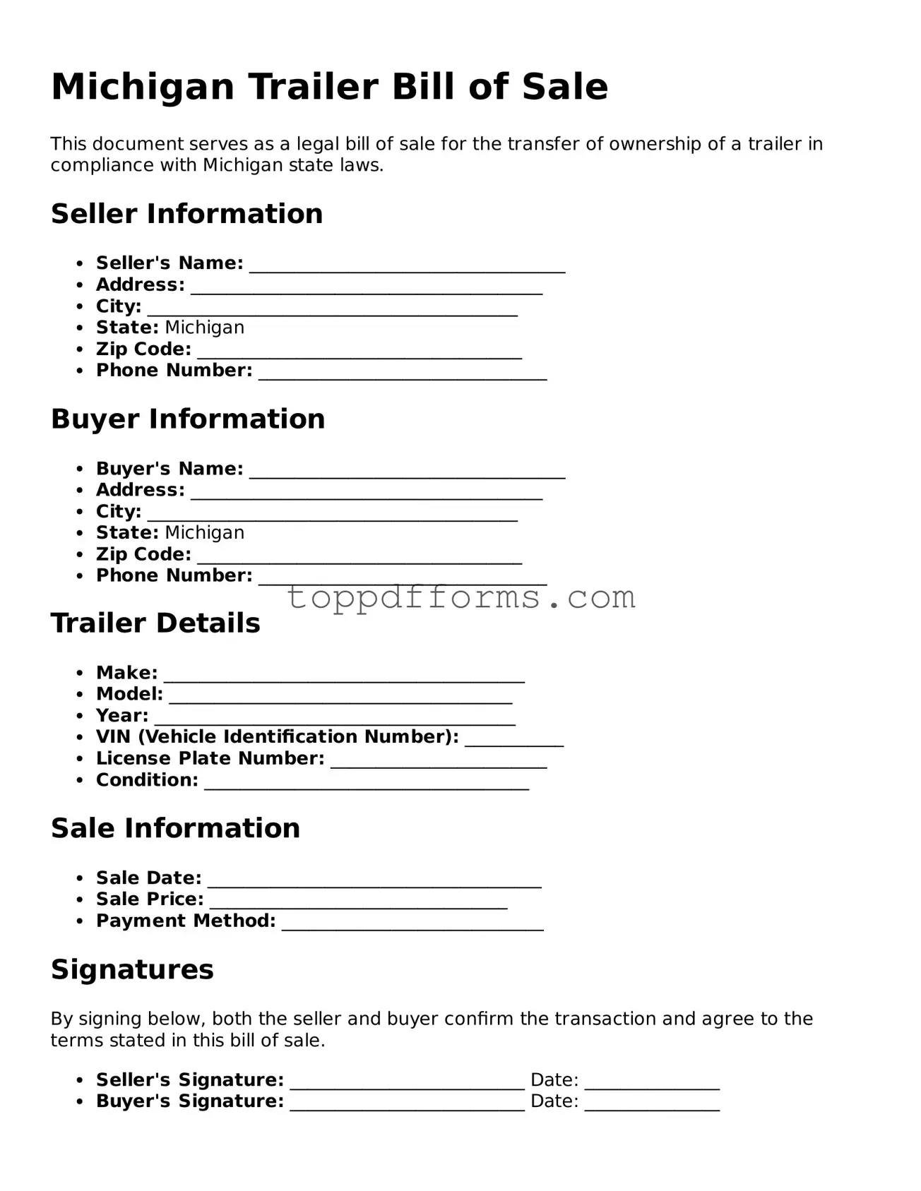 Trailer Bill of Sale Document for Michigan State