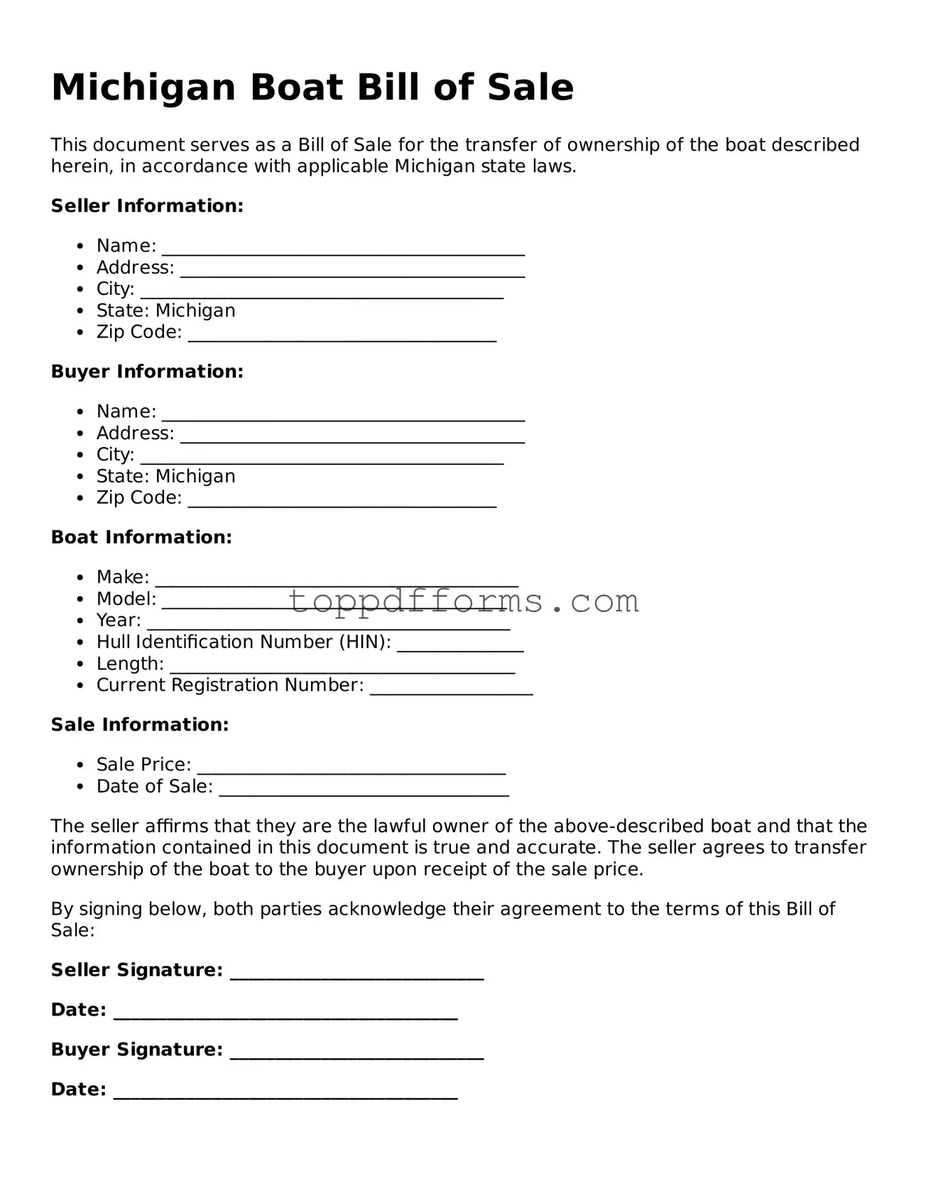 Boat Bill of Sale Document for Michigan State