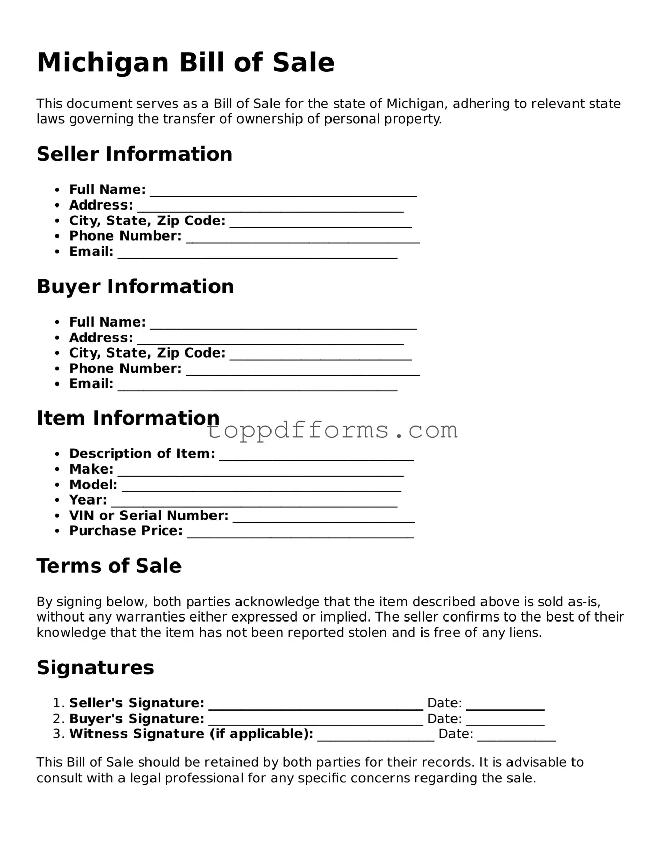 Bill of Sale Document for Michigan State
