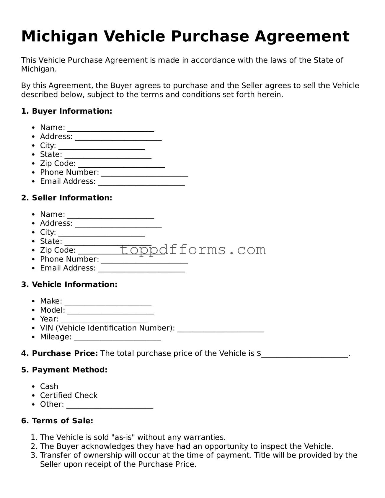 Vehicle Purchase Agreement Document for Michigan State