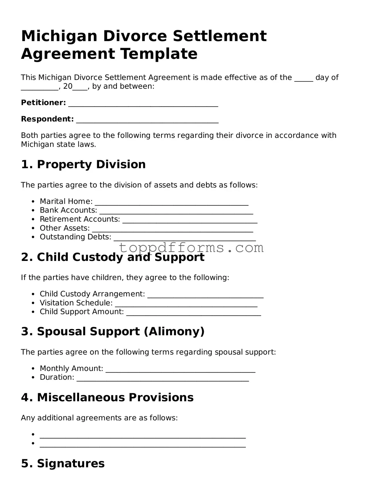 Divorce Settlement Agreement Document for Michigan State
