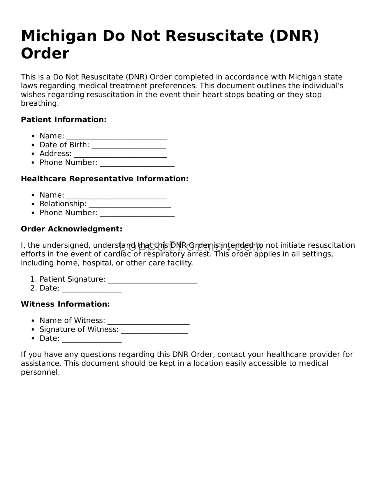 Do Not Resuscitate Order Document for Michigan State