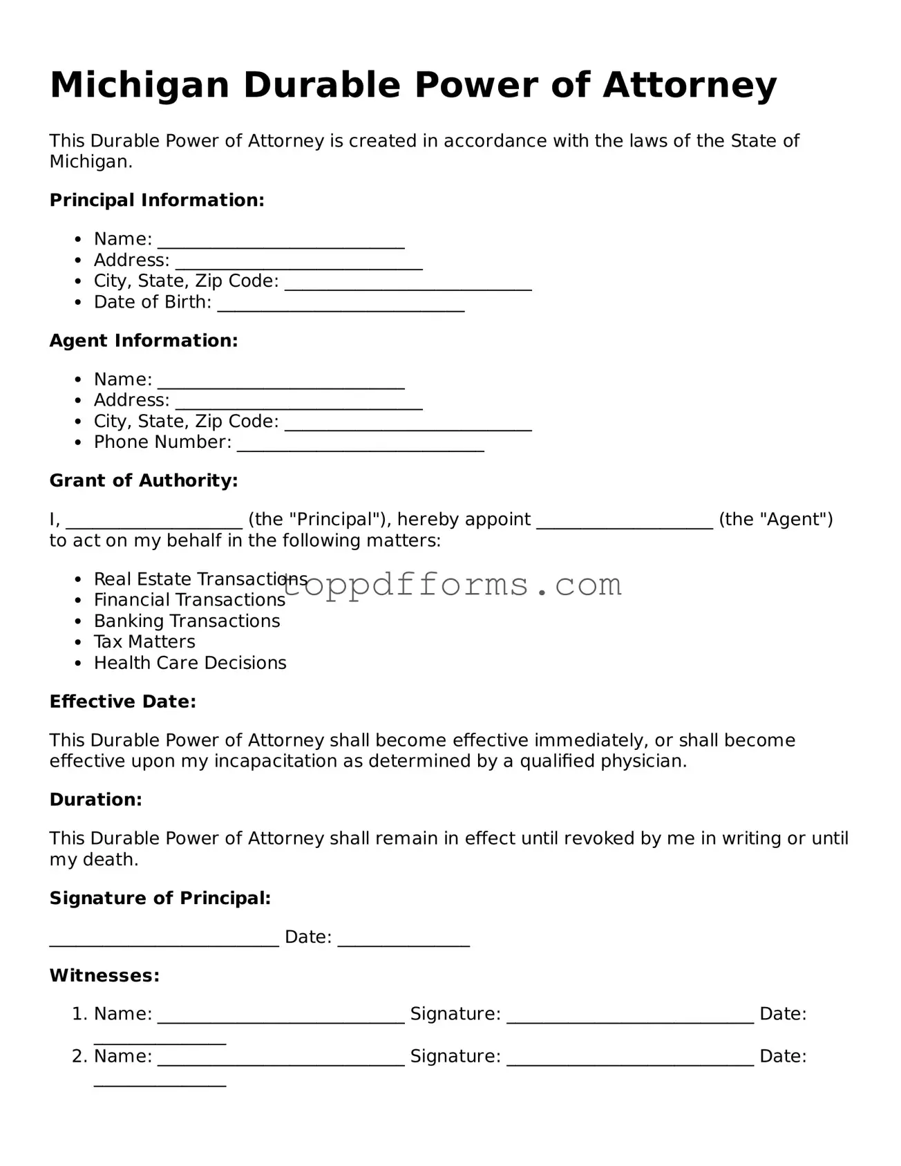 Durable Power of Attorney Document for Michigan State