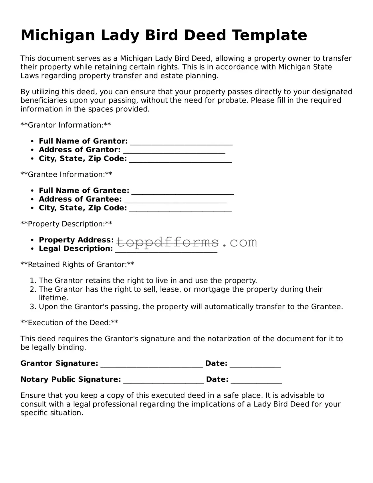 Lady Bird Deed Document for Michigan State