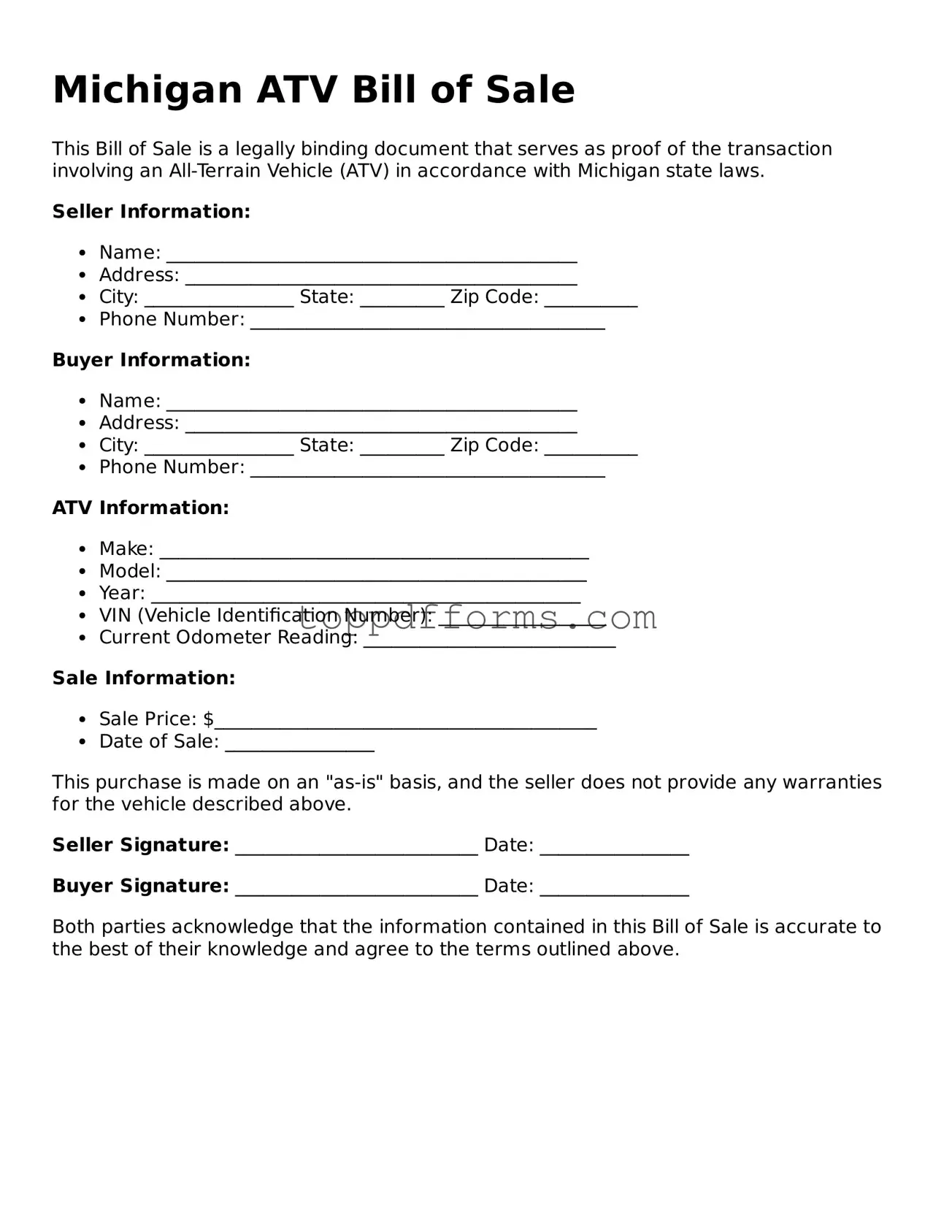 ATV Bill of Sale Document for Michigan State