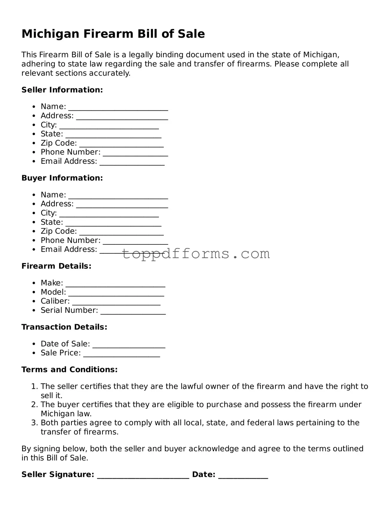 Firearm Bill of Sale Document for Michigan State