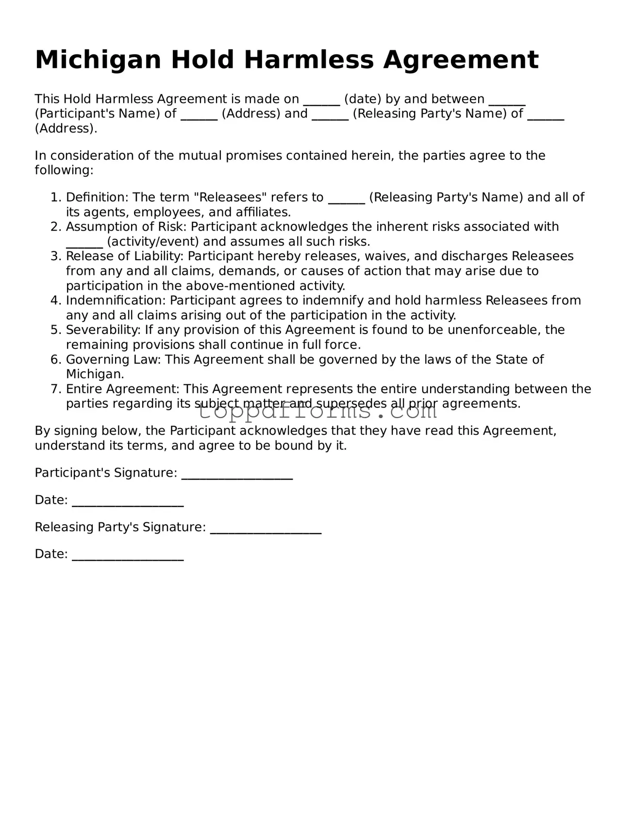 Hold Harmless Agreement Document for Michigan State
