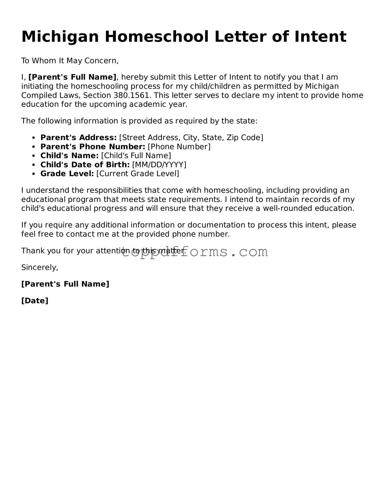 Homeschool Letter of Intent Document for Michigan State