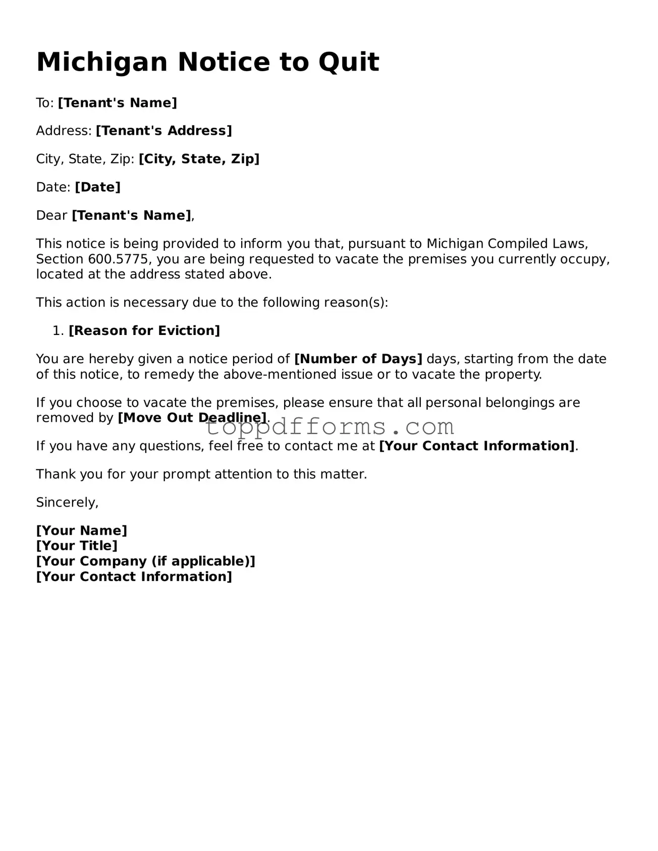 Notice to Quit Document for Michigan State