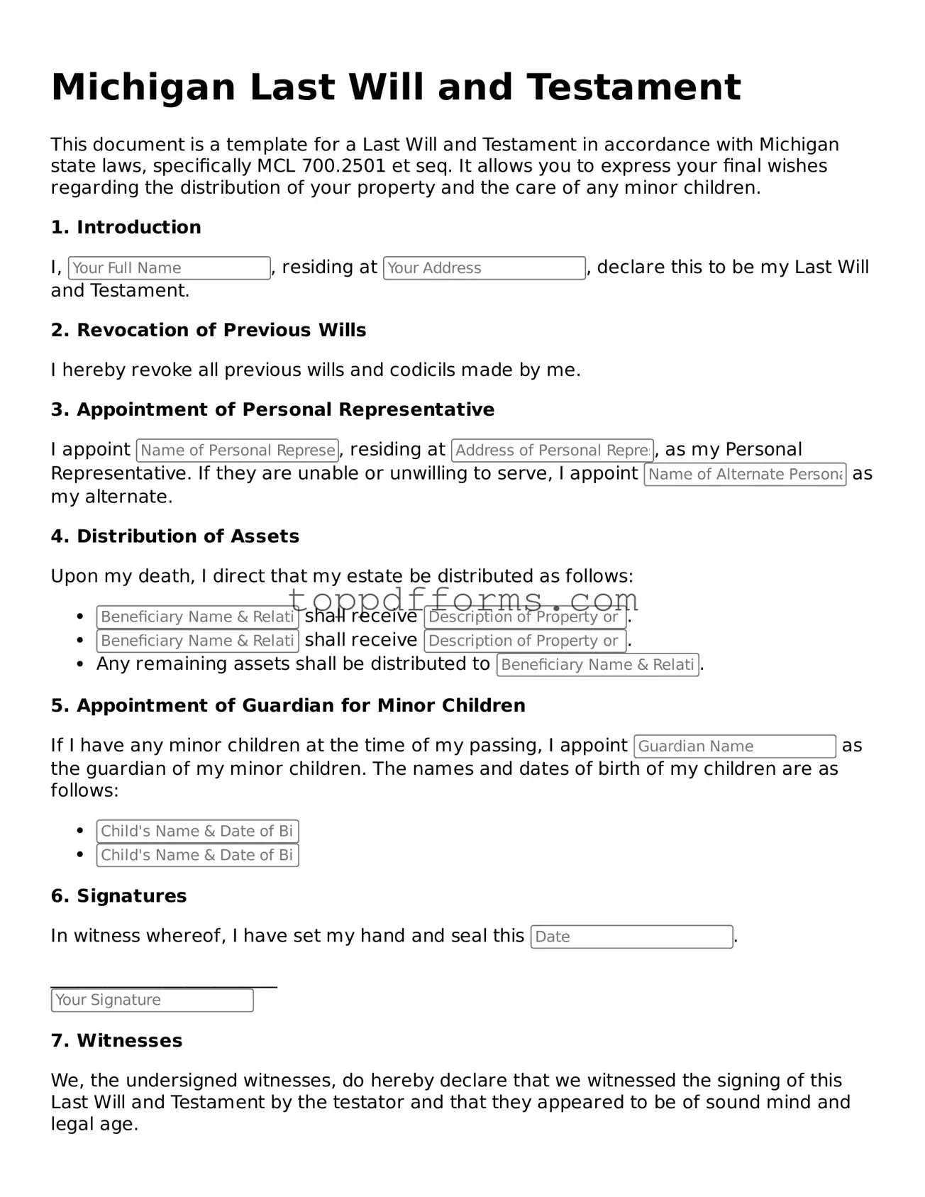 Last Will and Testament Document for Michigan State