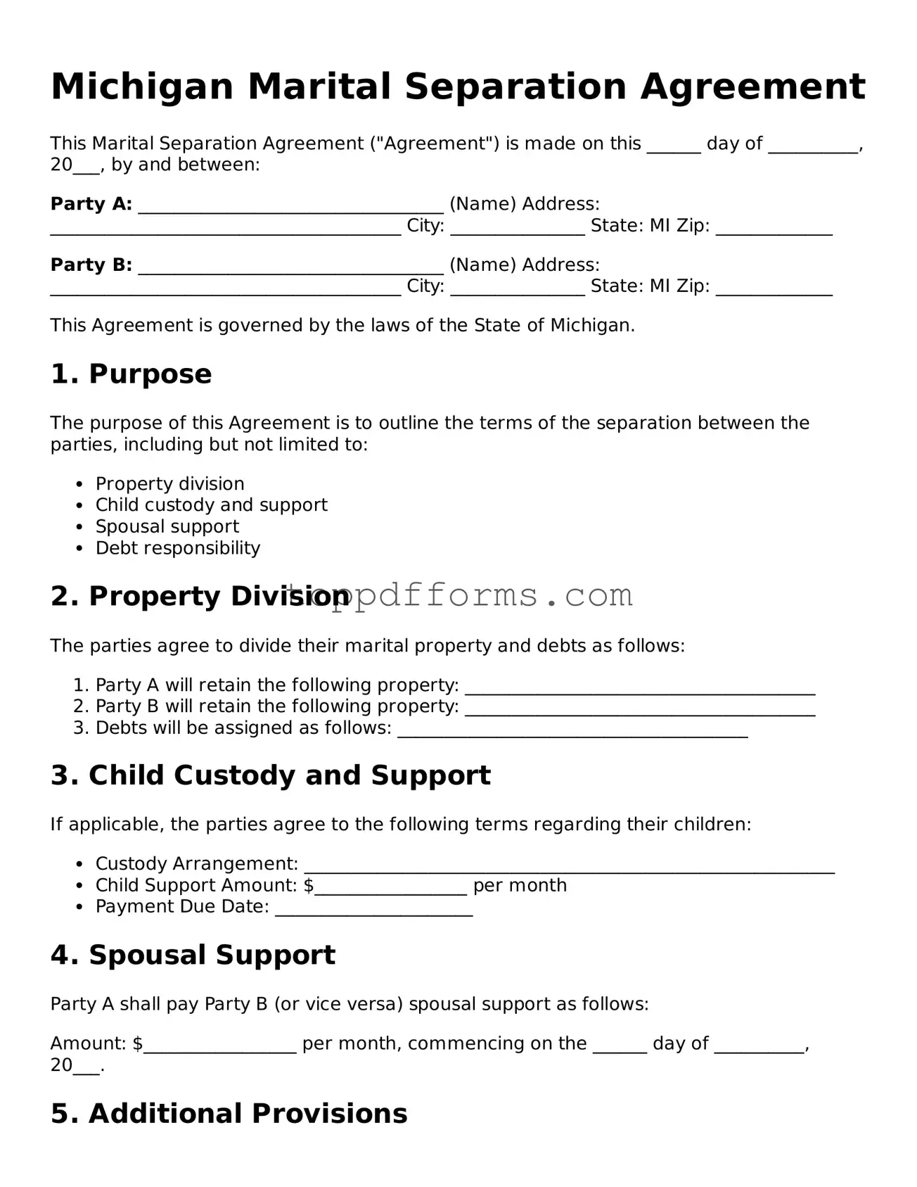 Marital Separation Agreement Document for Michigan State