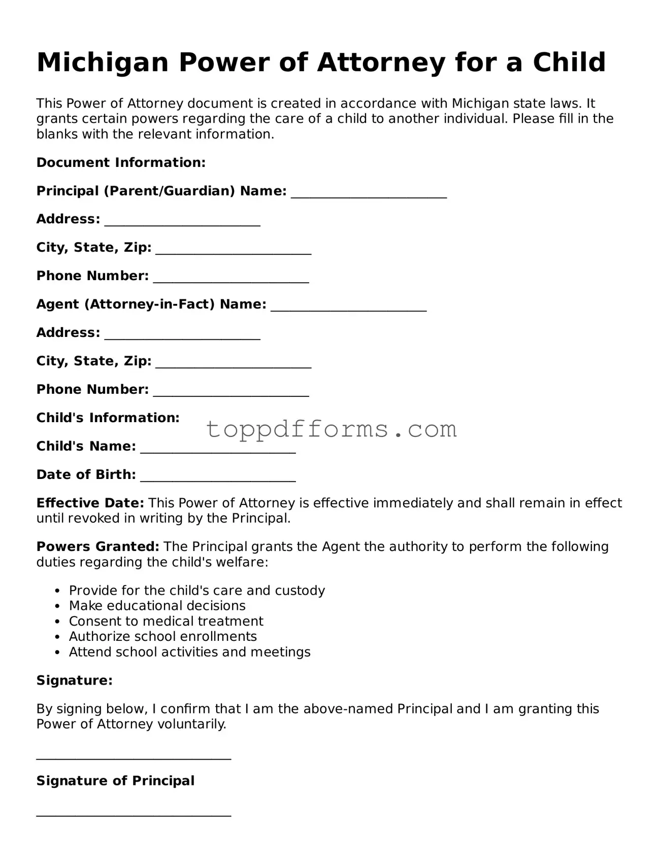 Power of Attorney for a Child Document for Michigan State