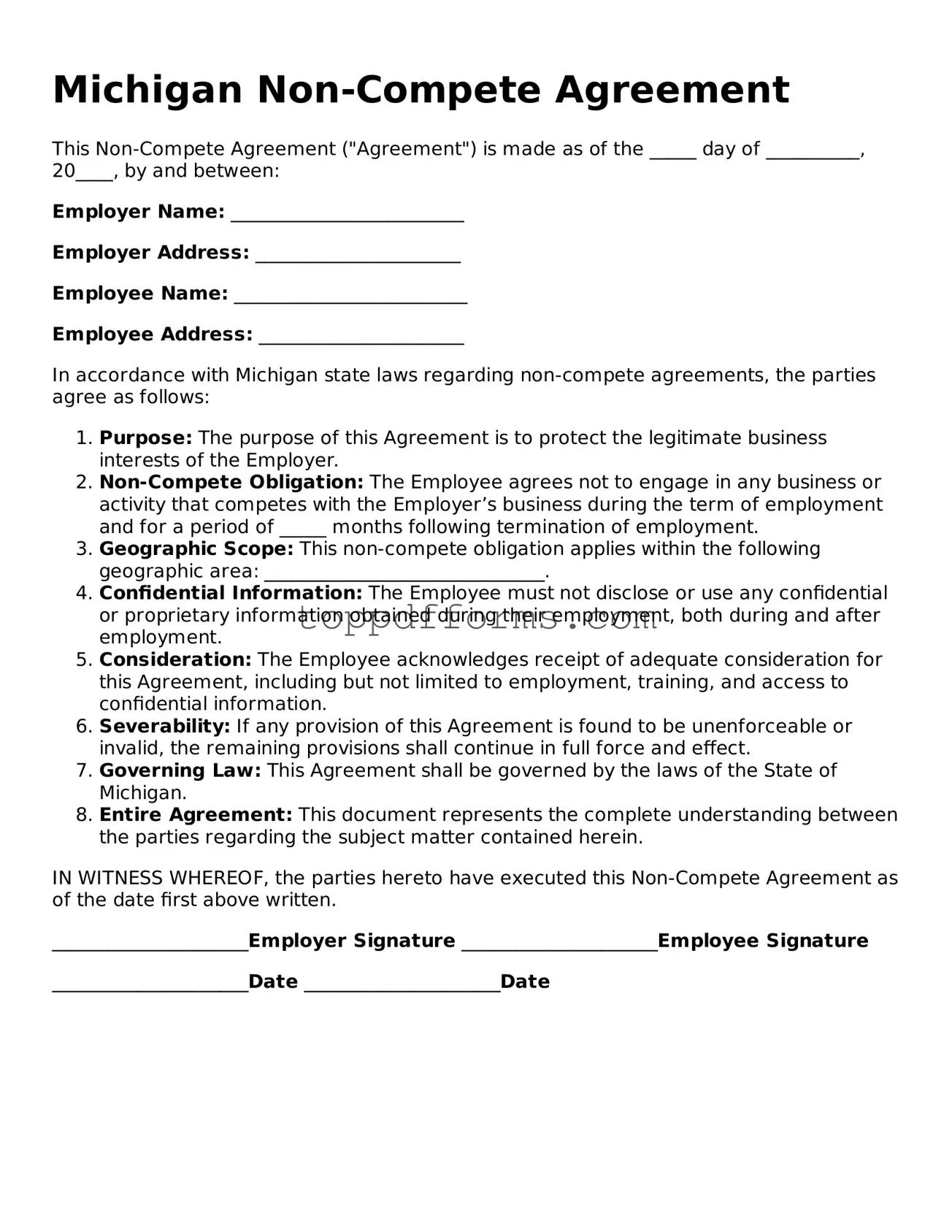 Non-compete Agreement Document for Michigan State