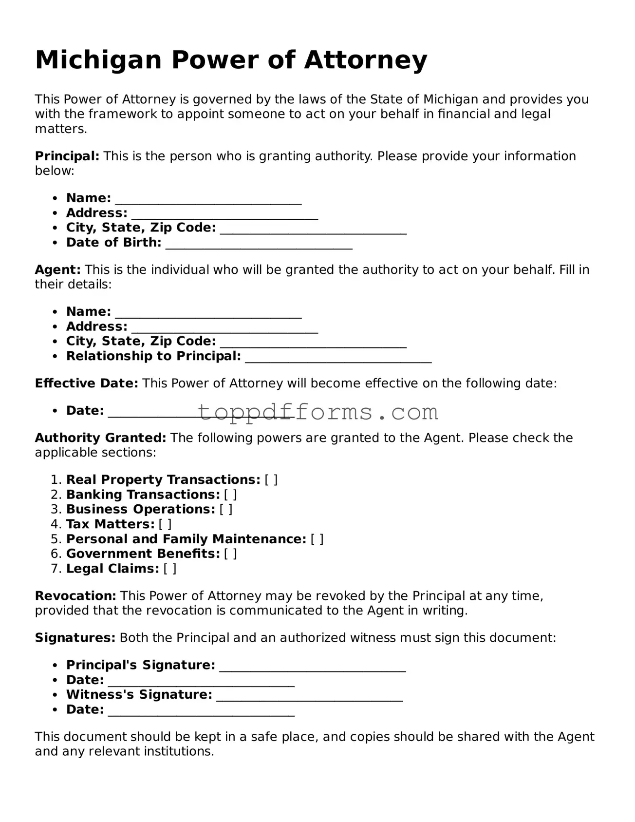 Power of Attorney Document for Michigan State