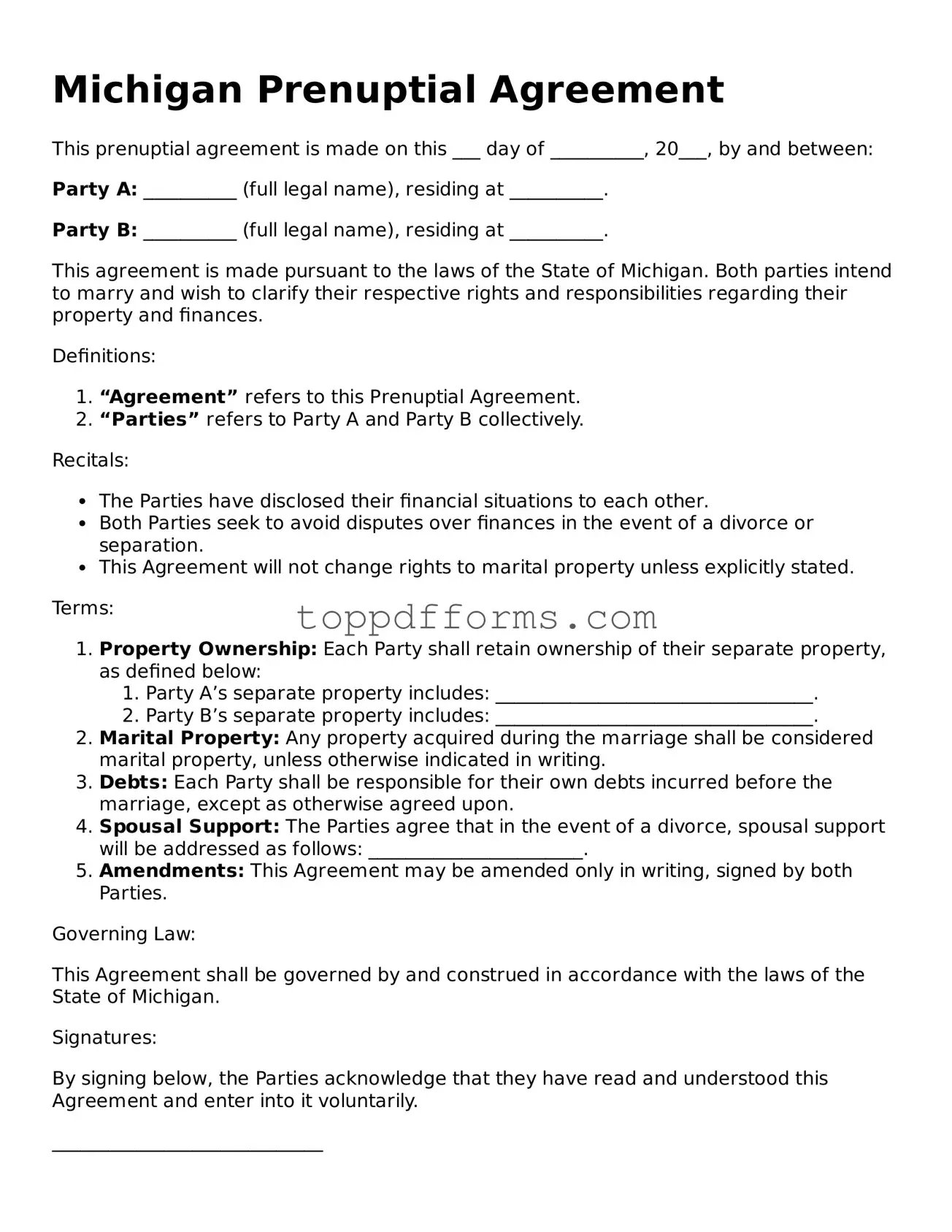 Prenuptial Agreement Document for Michigan State