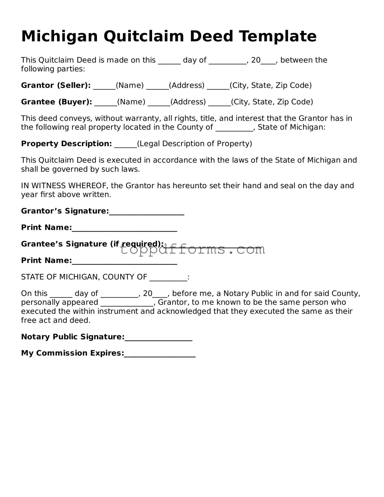 Quitclaim Deed Document for Michigan State