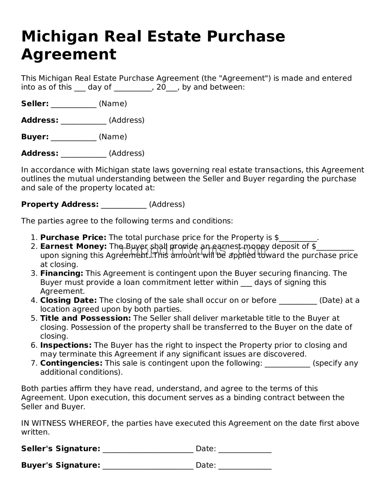 Real Estate Purchase Agreement Document for Michigan State
