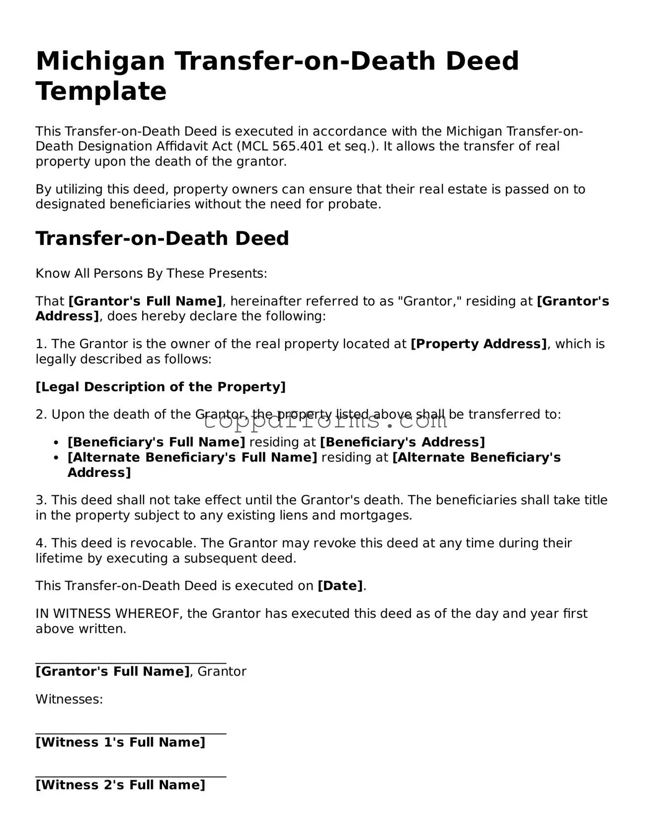 Transfer-on-Death Deed Document for Michigan State