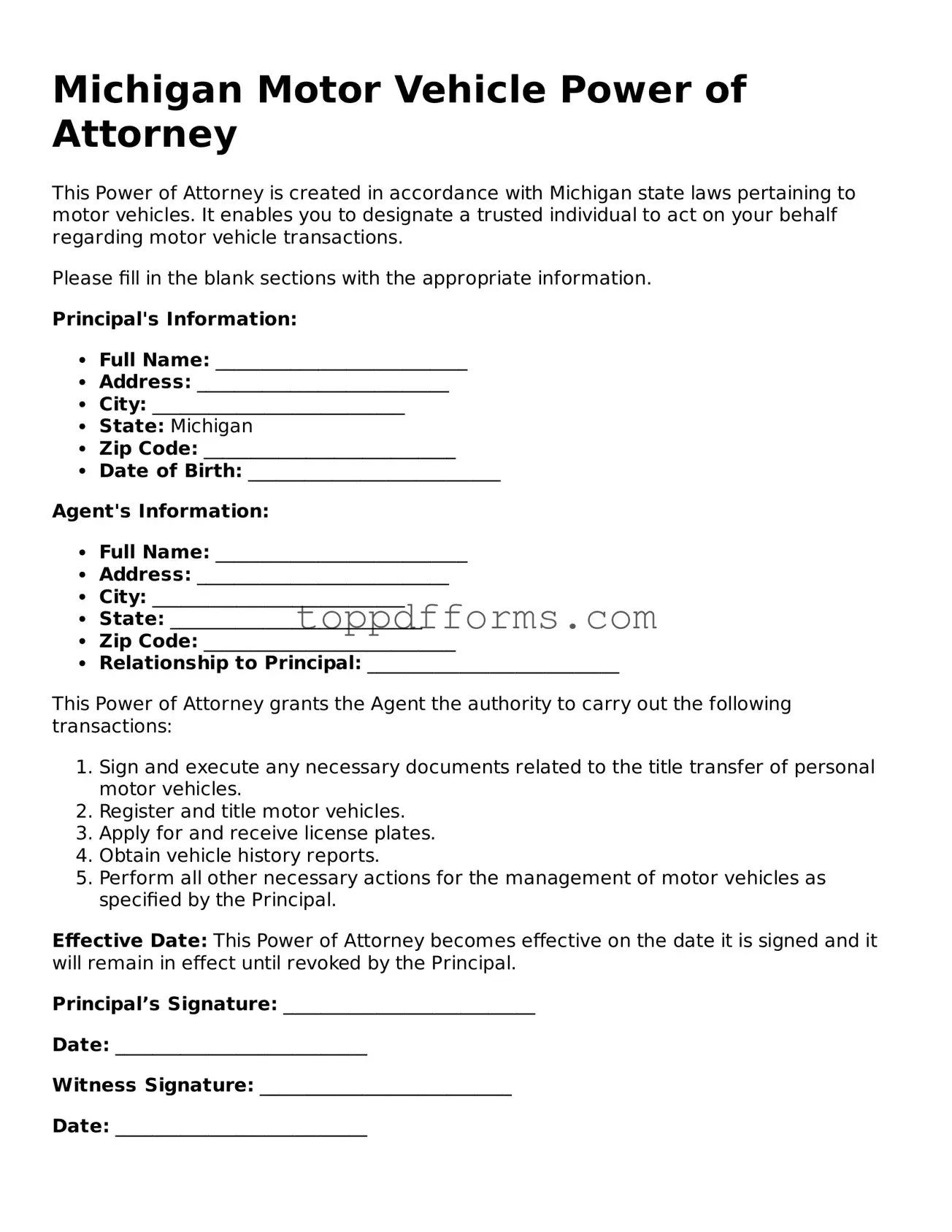 Motor Vehicle Power of Attorney Document for Michigan State