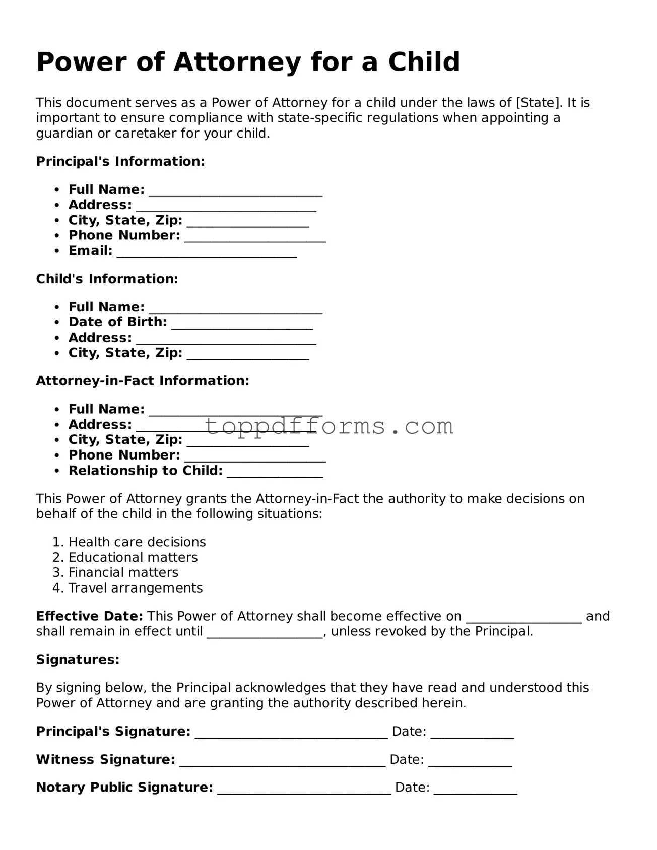 Free Power of Attorney for a Child Template
