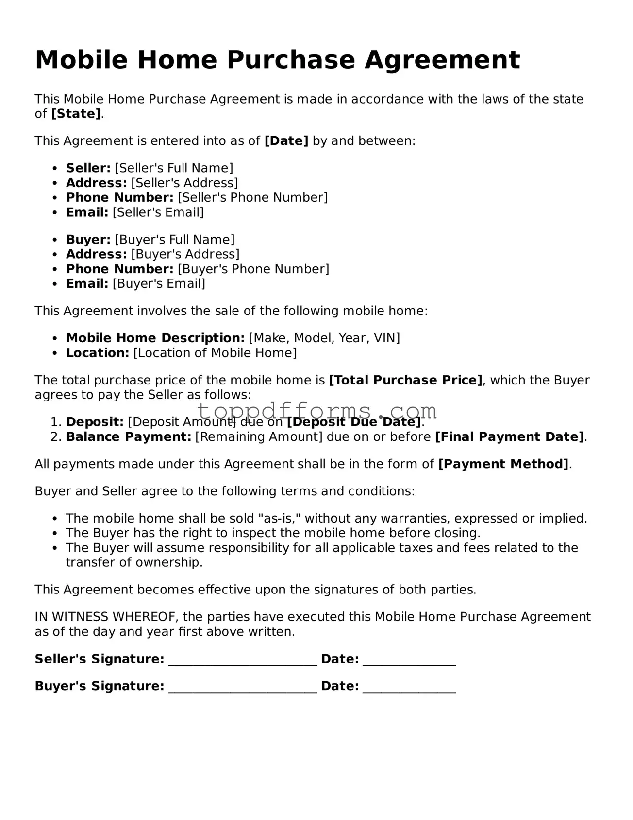 Free Mobile Home Purchase Agreement Template