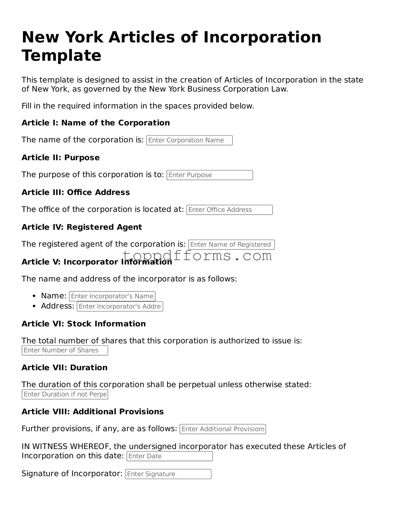 Articles of Incorporation Document for New York State