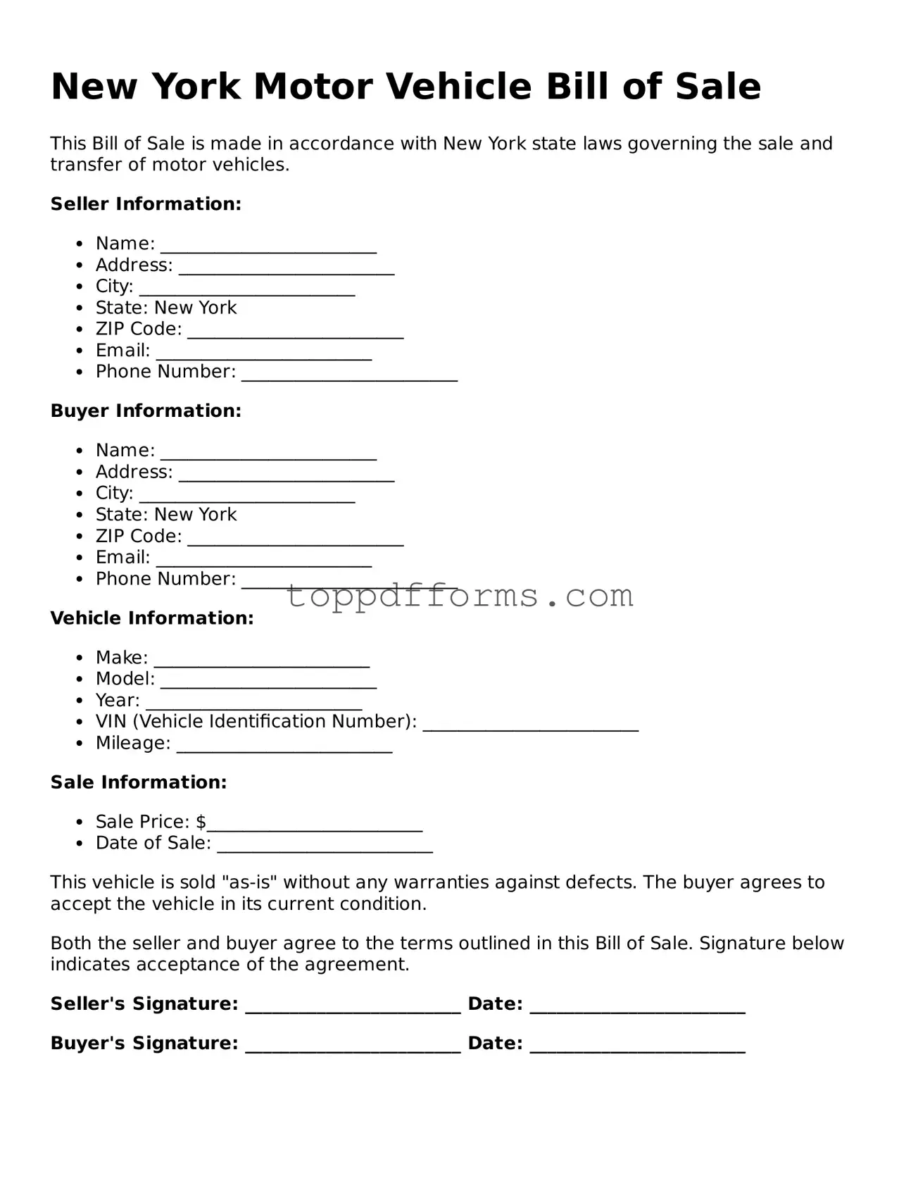 Motor Vehicle Bill of Sale Document for New York State