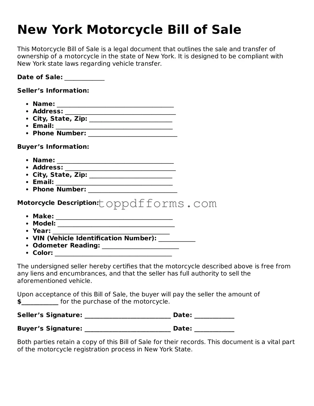 Motorcycle Bill of Sale Document for New York State