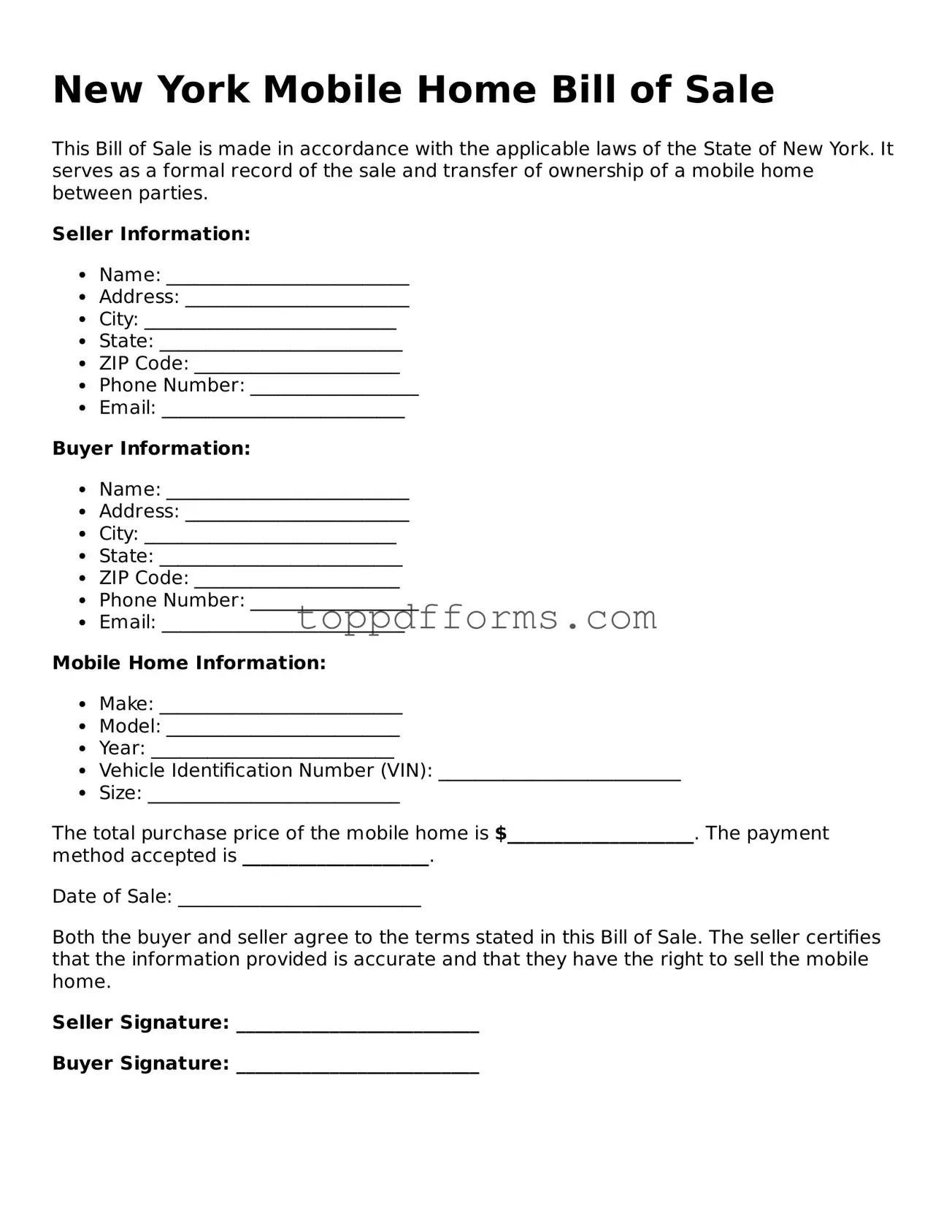 Mobile Home Bill of Sale Document for New York State