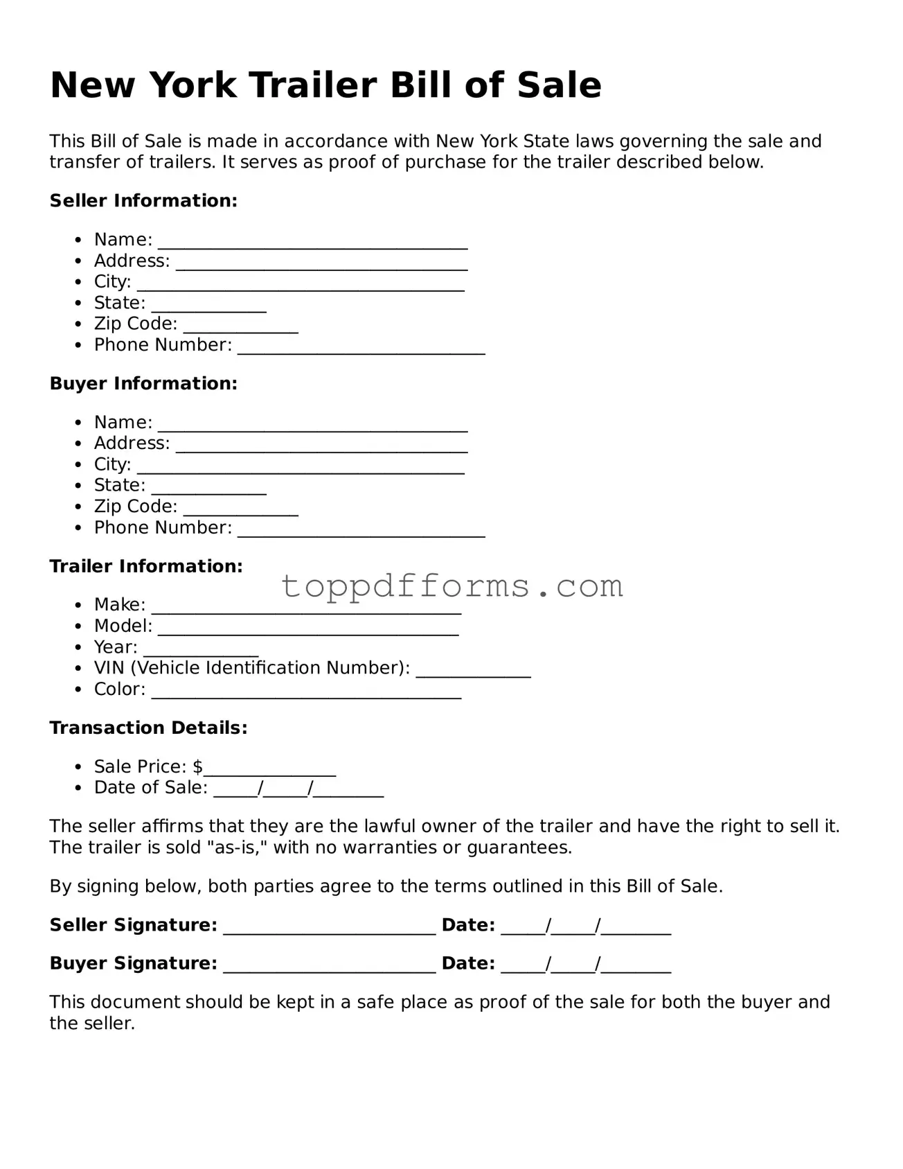 Trailer Bill of Sale Document for New York State