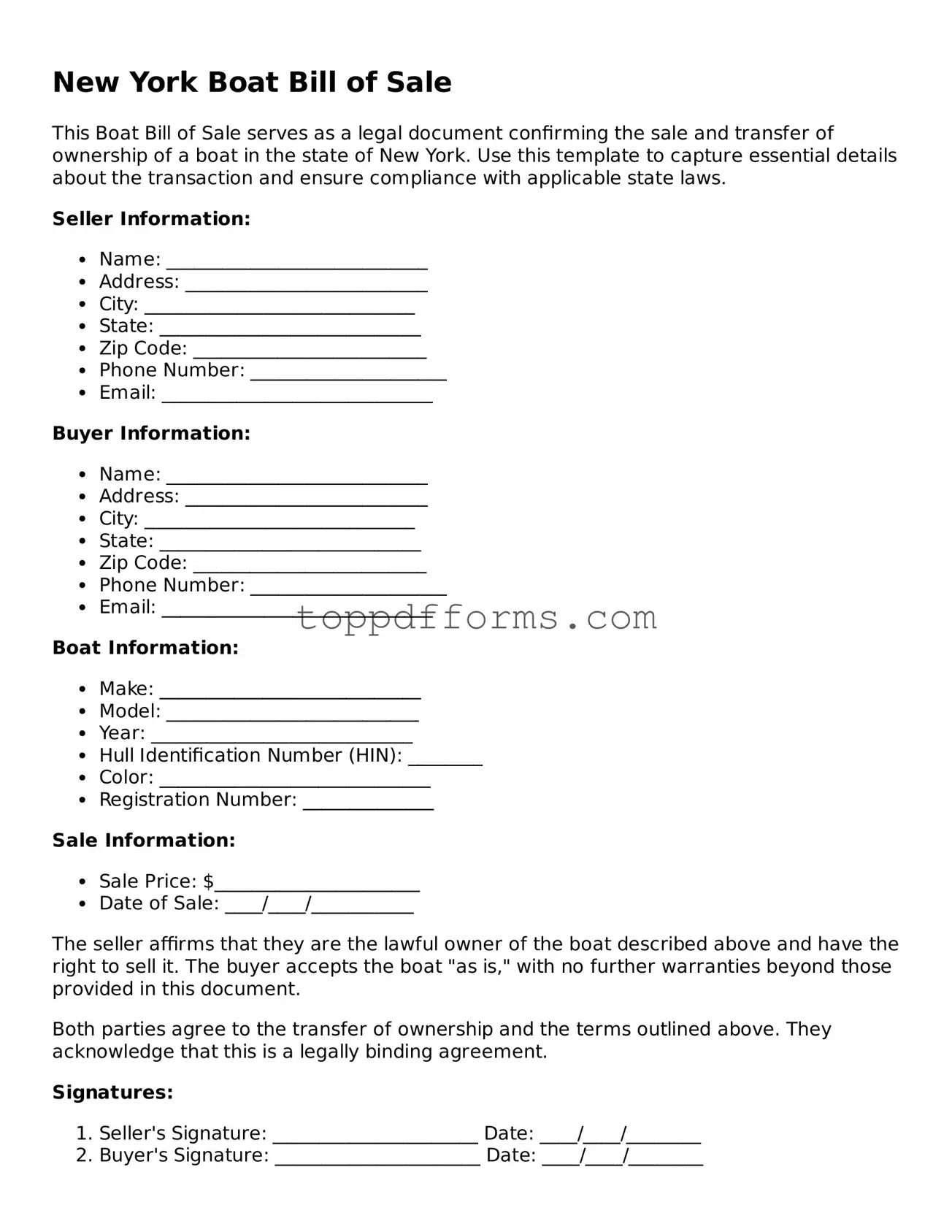 Boat Bill of Sale Document for New York State