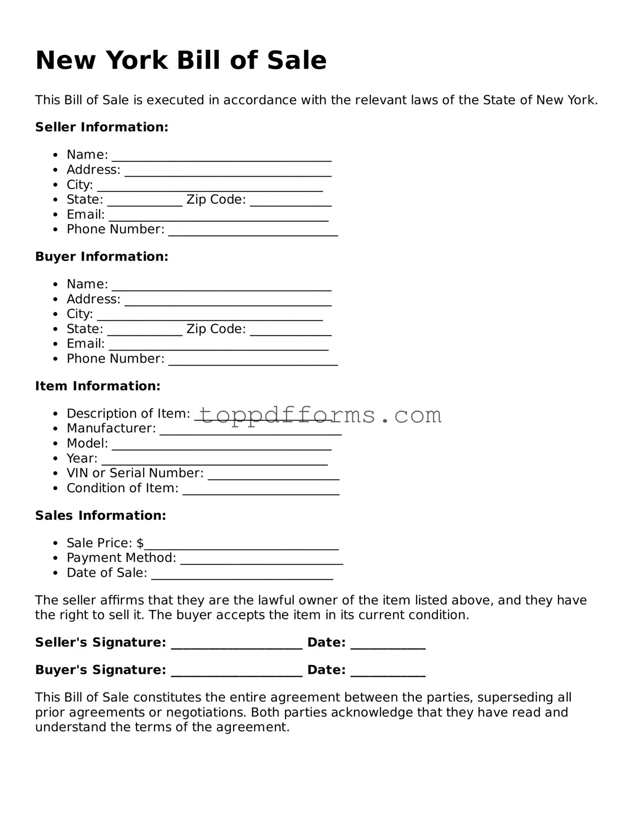 Bill of Sale Document for New York State