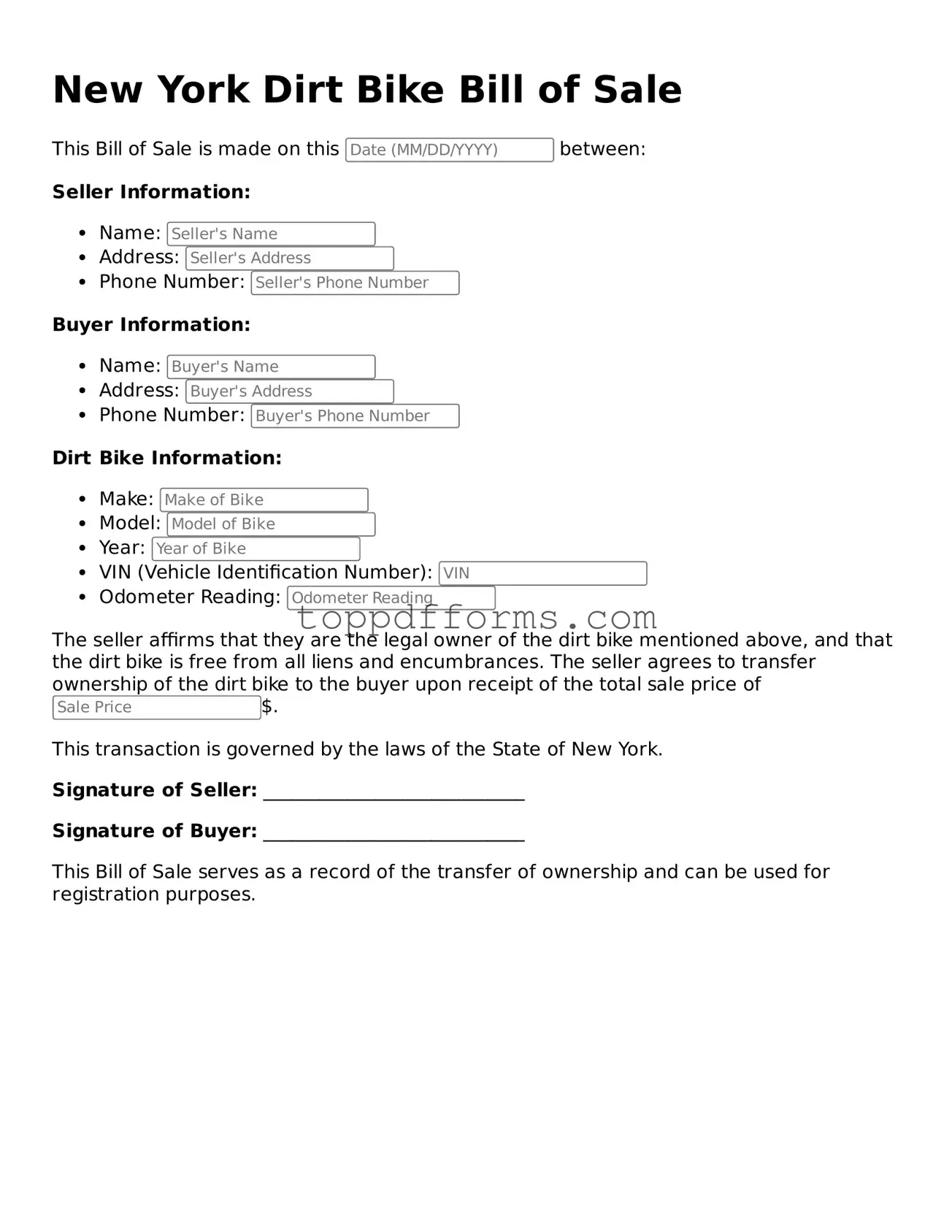Dirt Bike Bill of Sale Document for New York State