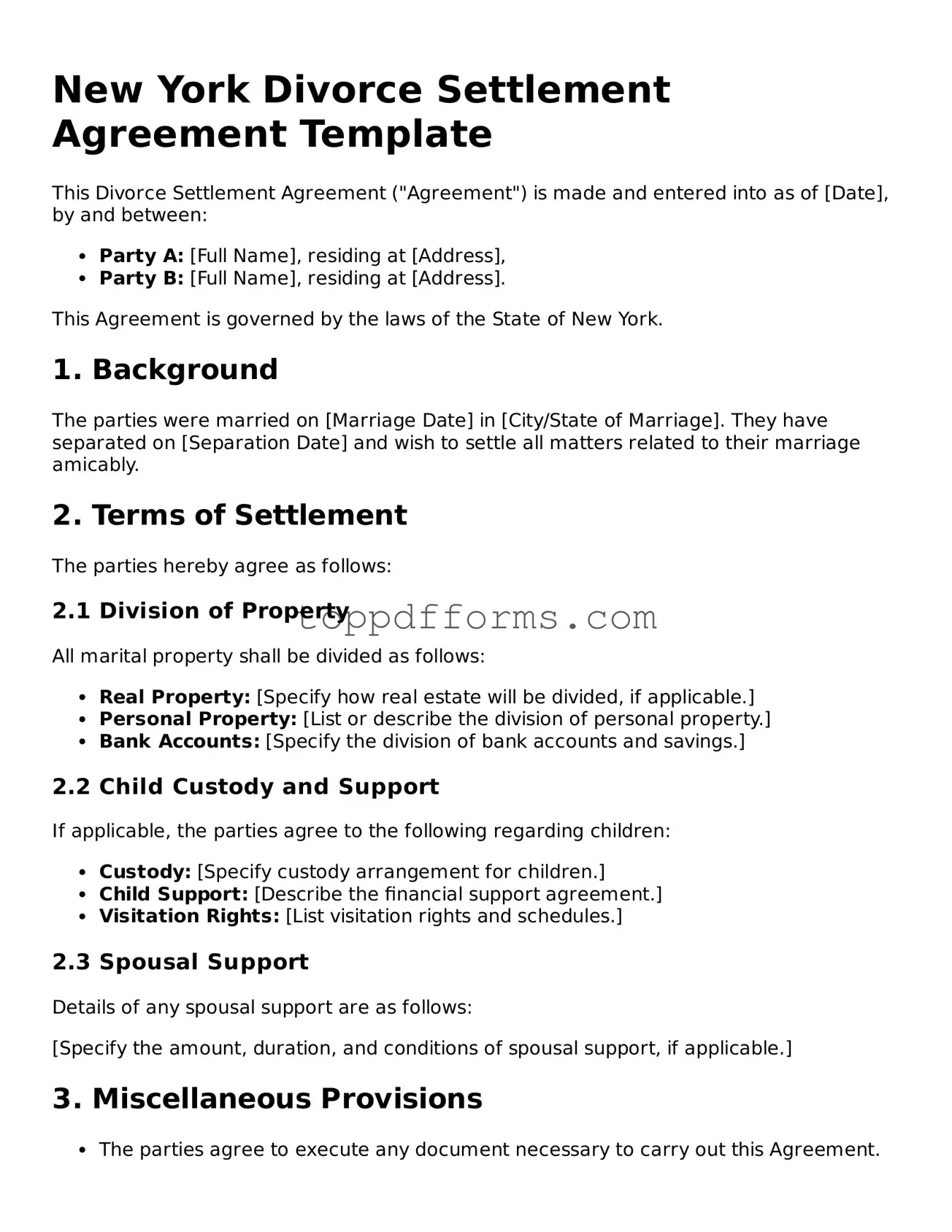 Divorce Settlement Agreement Document for New York State