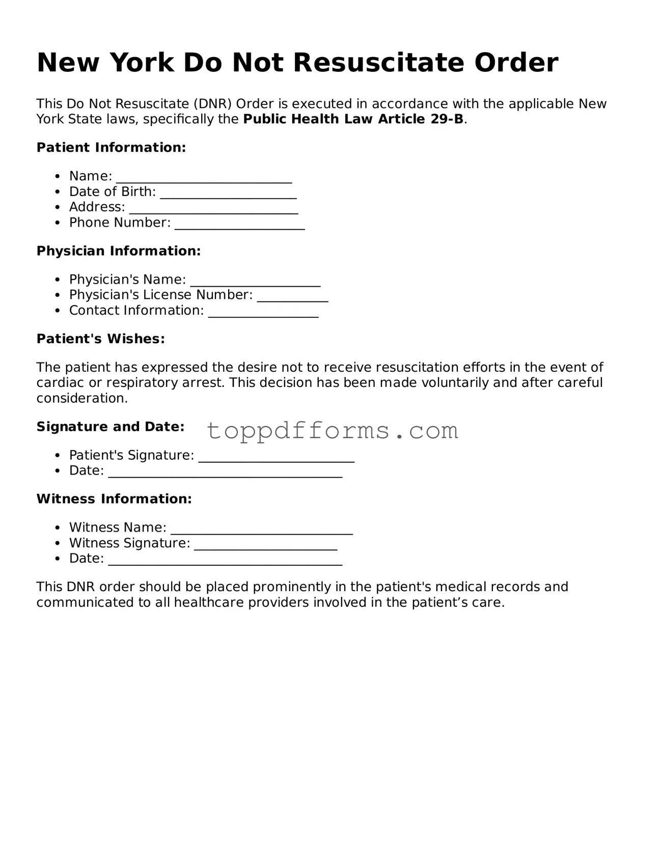 Do Not Resuscitate Order Document for New York State