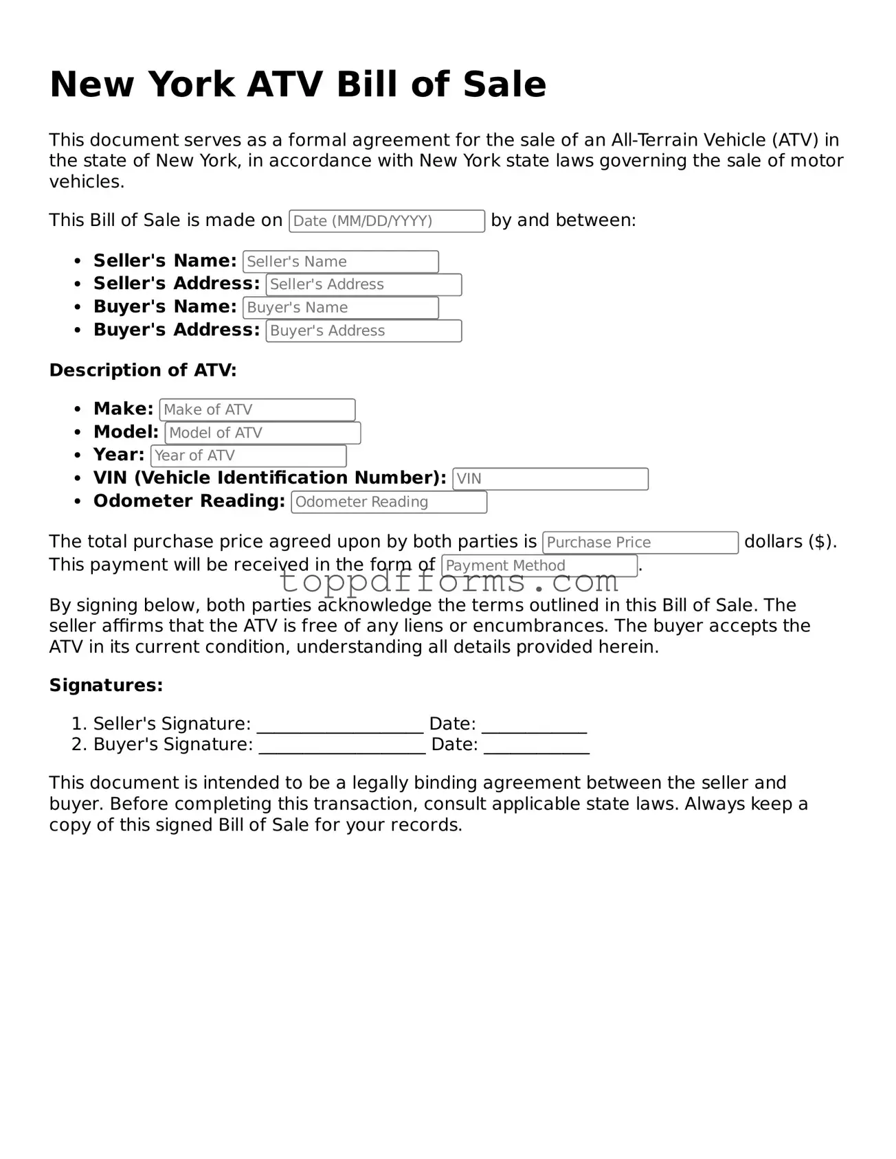 ATV Bill of Sale Document for New York State